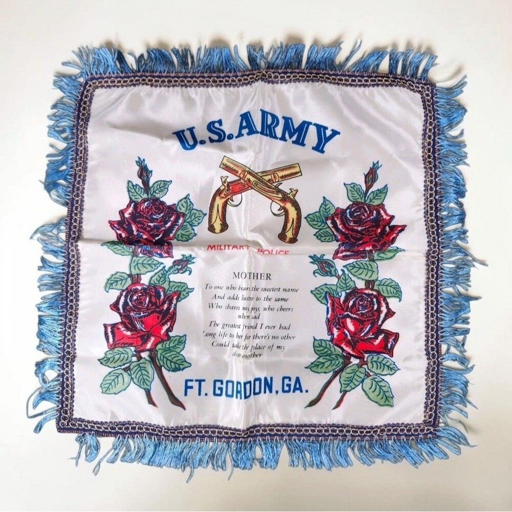Vintage U.S. Army Fort Gordon Military Police Pillow Cover Blue Fringe MP Decor